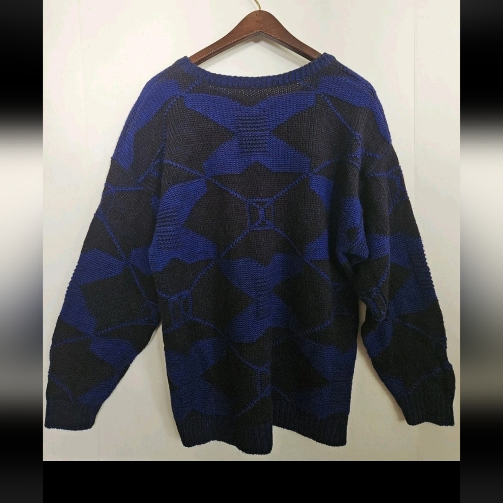 Vintage Sweater Coogi Style Knit Geometric Cosby Pullover Knit Size M Navy Blue